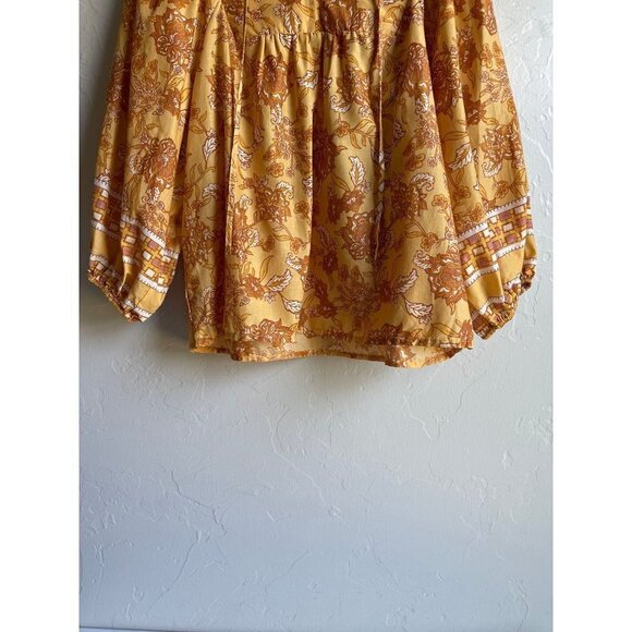 C&C California Mustard Yellow Floral 100% Cotton Peasant Top Tie Neck Size Large - Picture 9 of 12